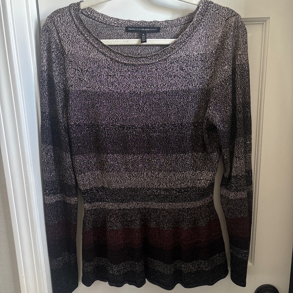 White White House Black Market metallic striped peplum sweater size M